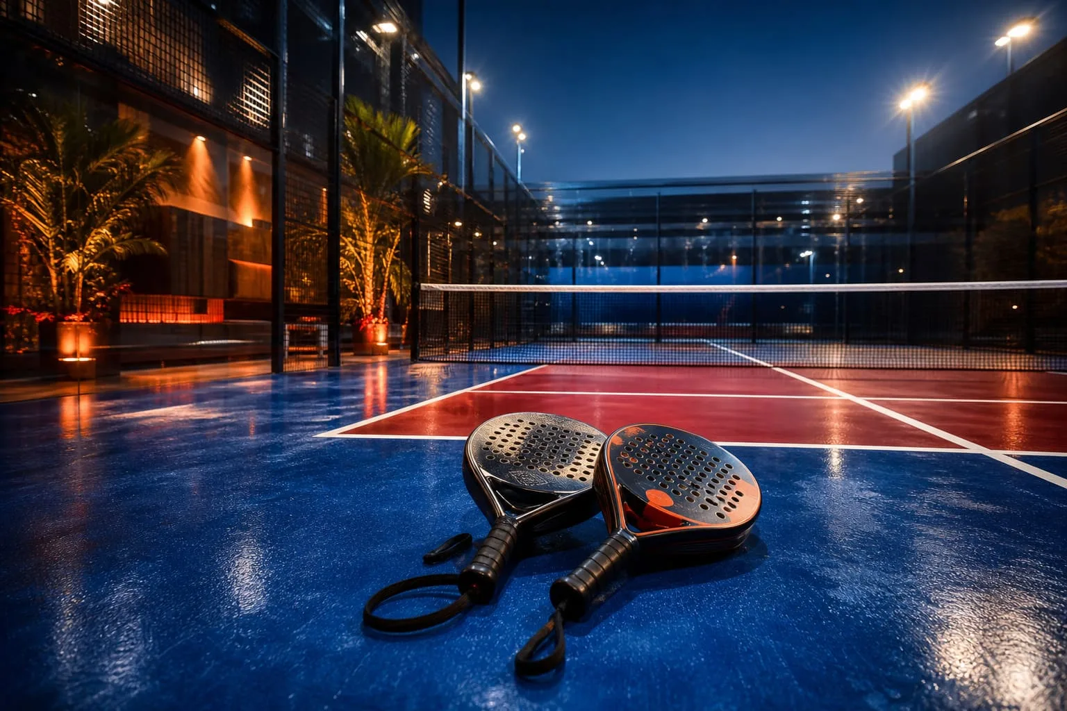 Wide cinematic view of a padel court at golden hour, ready for an organized evening match.