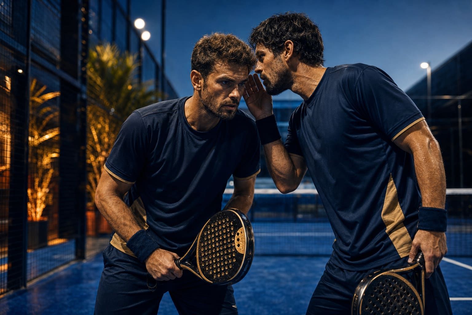 Two padel doubles partners talking at the net between points, illustrating coordination for a full foursome.