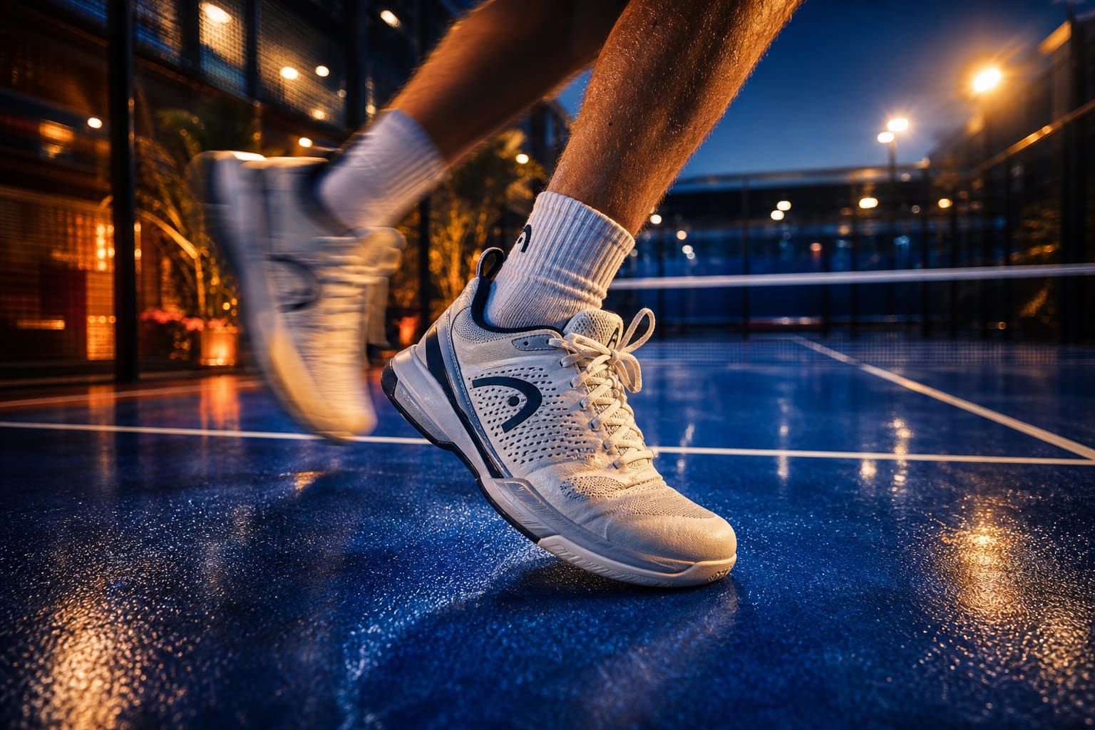 Close-up of a padel player's white sports shoes mid-stride on a blue padel court.
