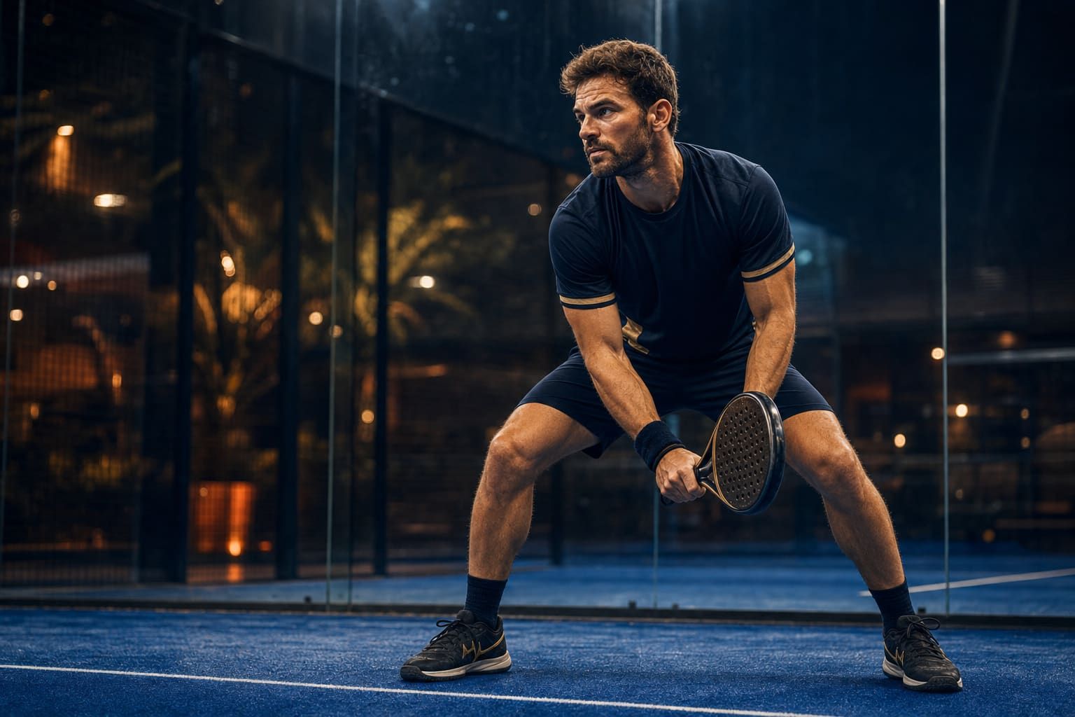 Padel player in a low athletic ready stance preparing to return a serve.