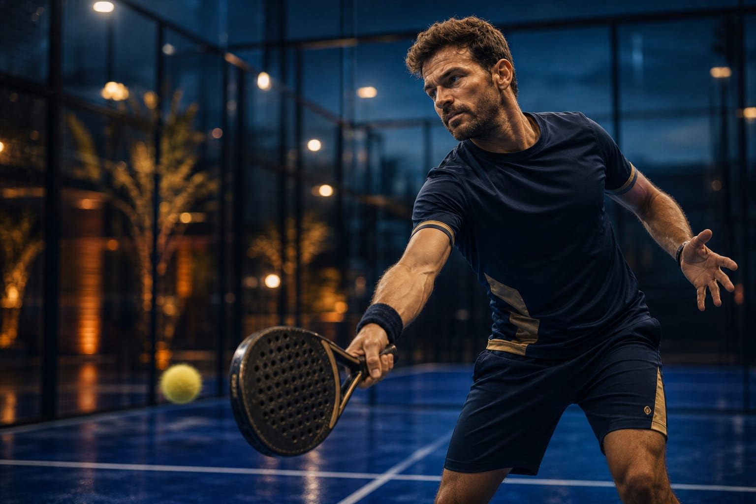 Padel player executing a controlled underhand serve at dusk on a blue padel court.