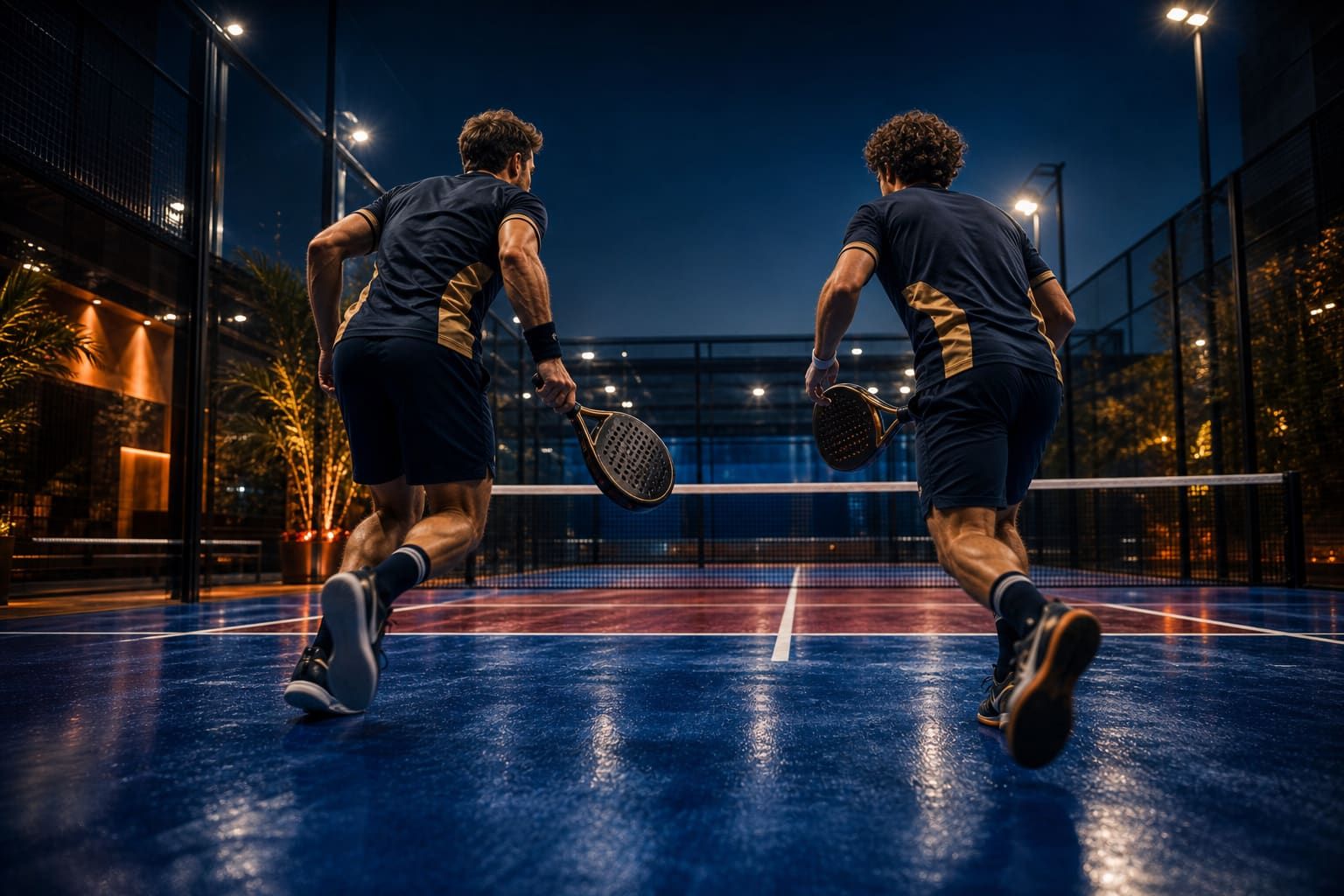 Two padel players moving together from the back of the court toward the net, mid-stride.