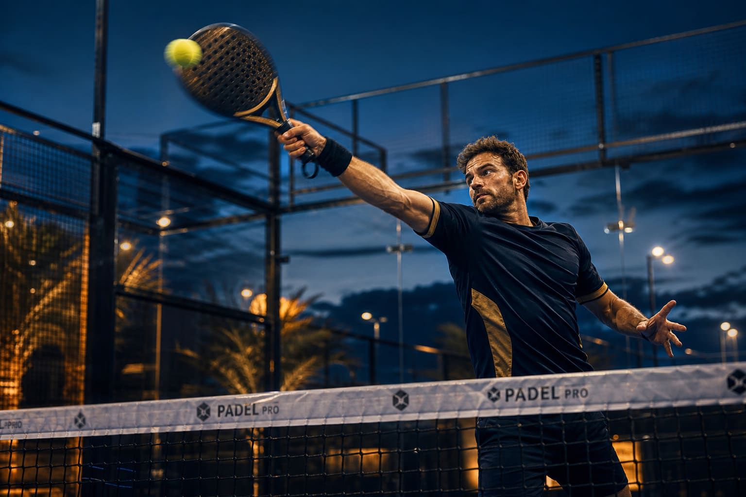 Padel player at the net executing a vibora overhead shot, racket high and angled.