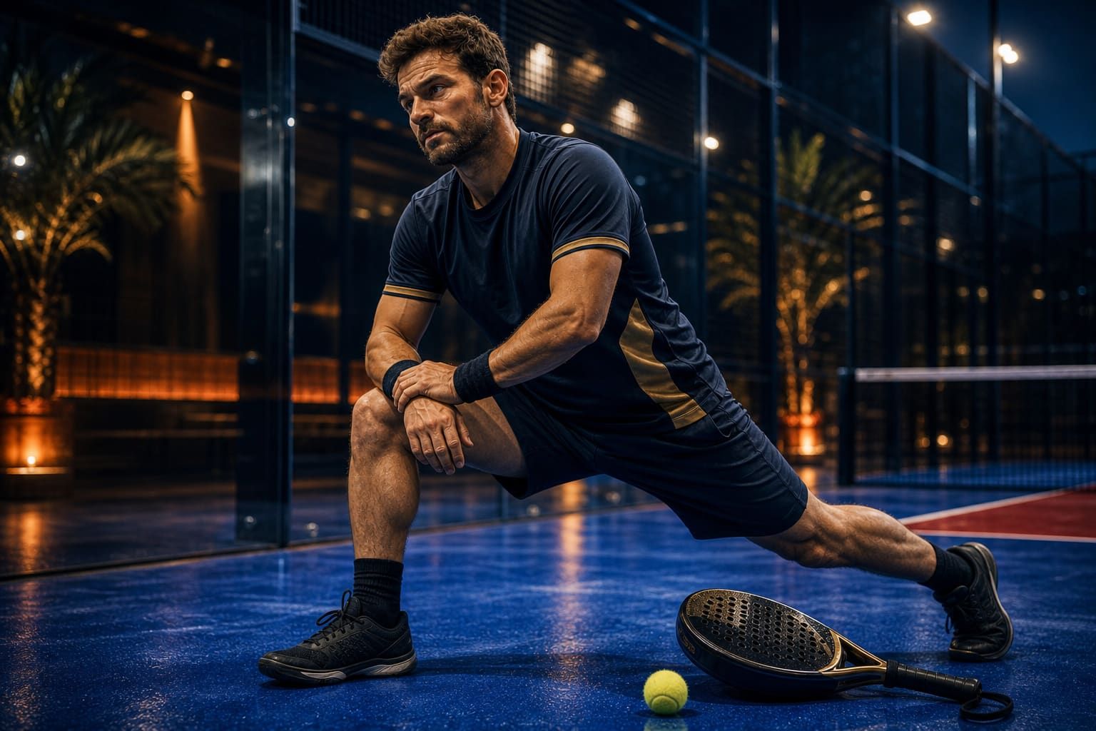 Padel players warming up before a match, a practical moment before balanced four-player play begins.