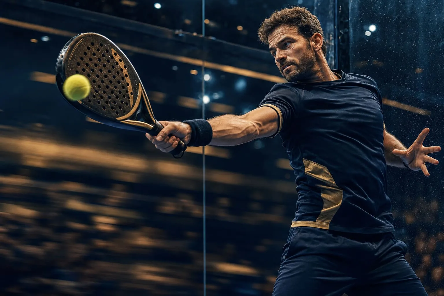 Padel player in mid-rally on a blue court, representing active local play you can join.